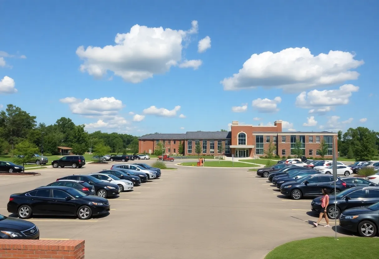 New parking lot at the University of Mississippi with students walking.