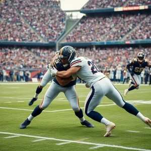 Defensive tackle making a play during a football game.