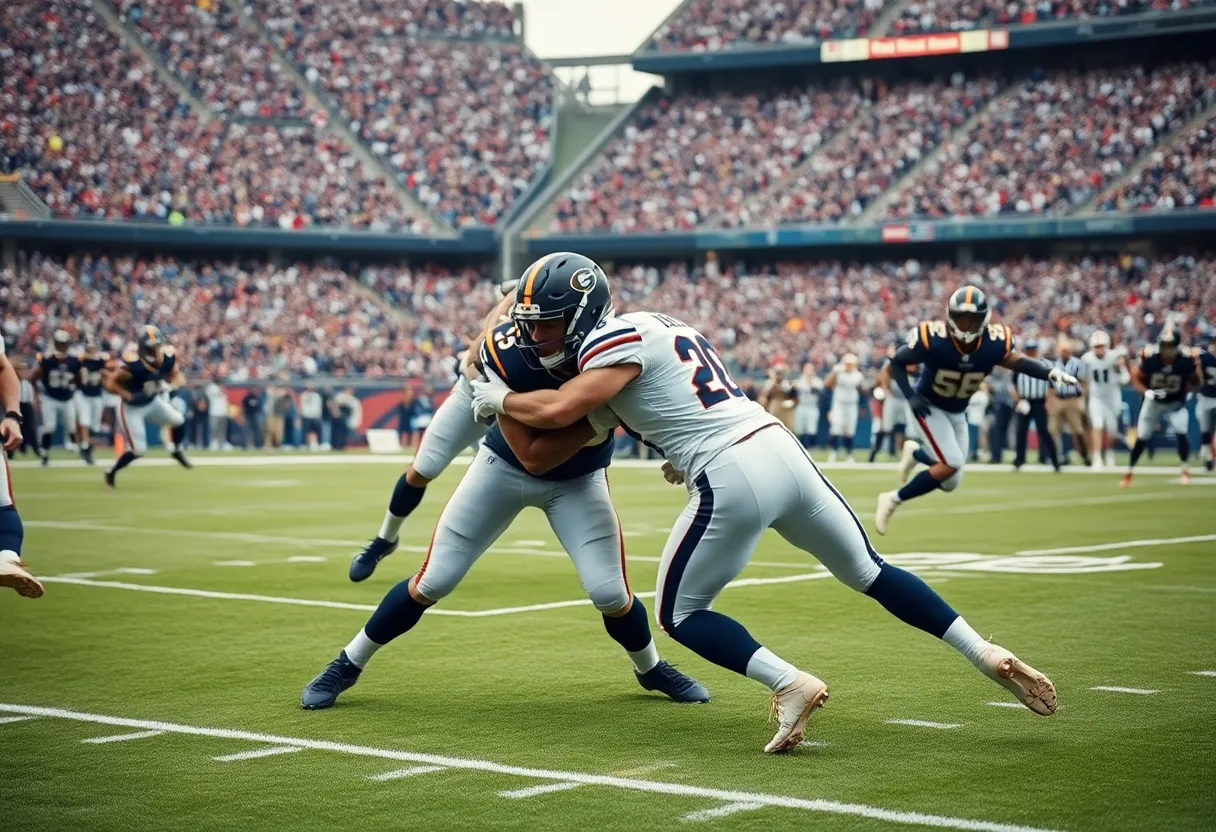 Defensive tackle making a play during a football game.