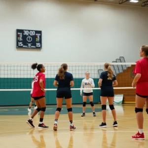 Volleyball players in action on the court showcasing teamwork and athleticism