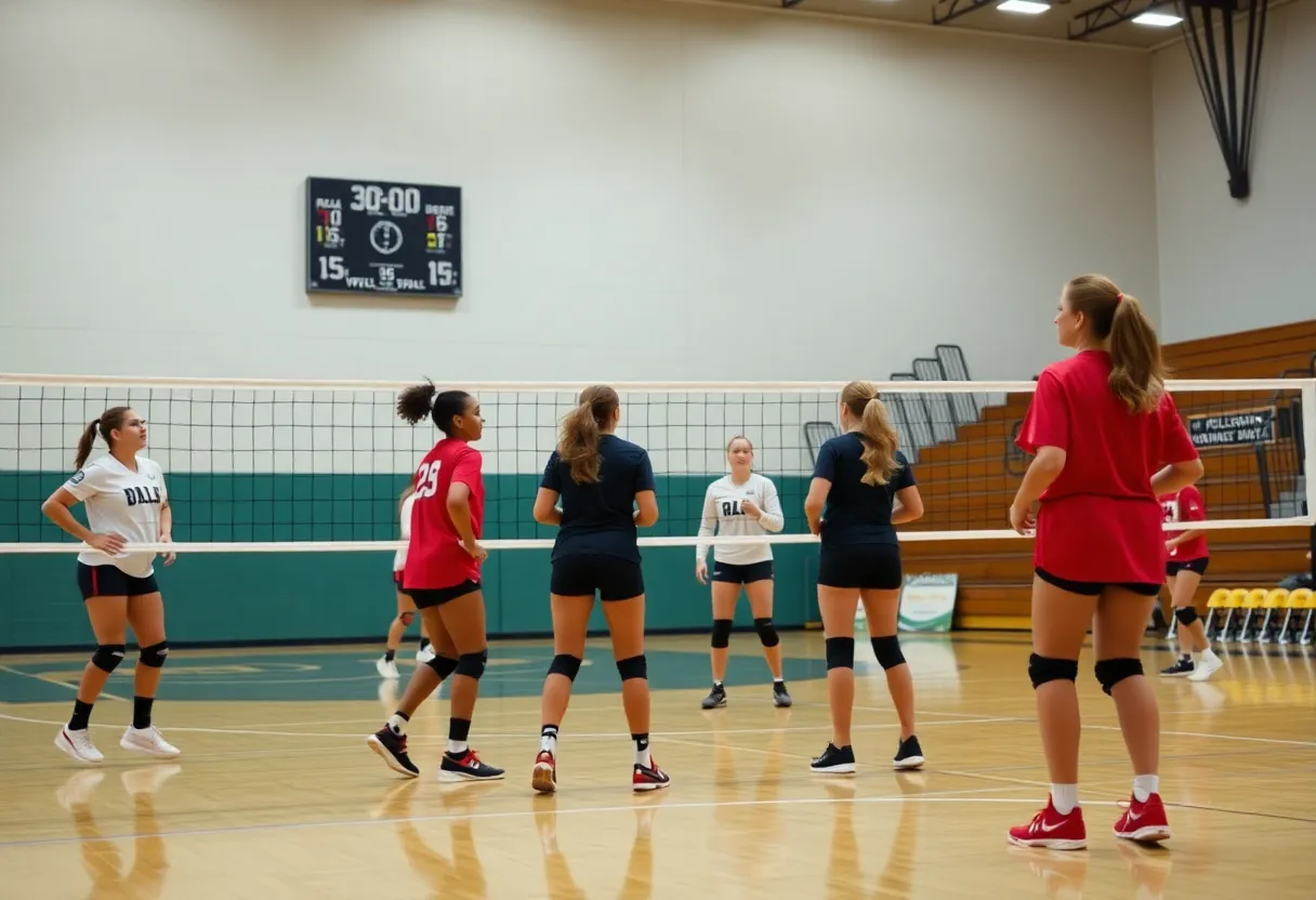 Volleyball players in action on the court showcasing teamwork and athleticism