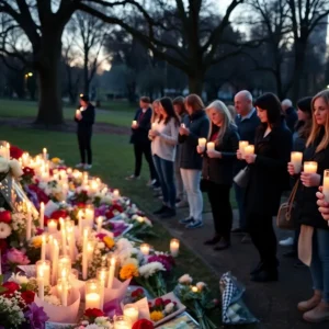 A candlelight vigil honoring a Christian leader, with flowers and heartfelt tributes