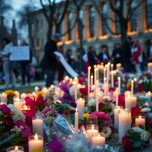 Memorial setup for Charlie Kirk with candles and flowers