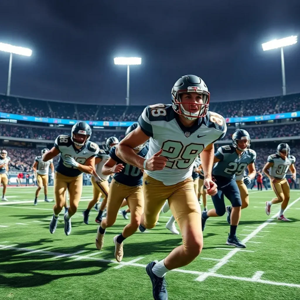 A vibrant college football recruiting scene with players and coaches engaging in strategy on the field.