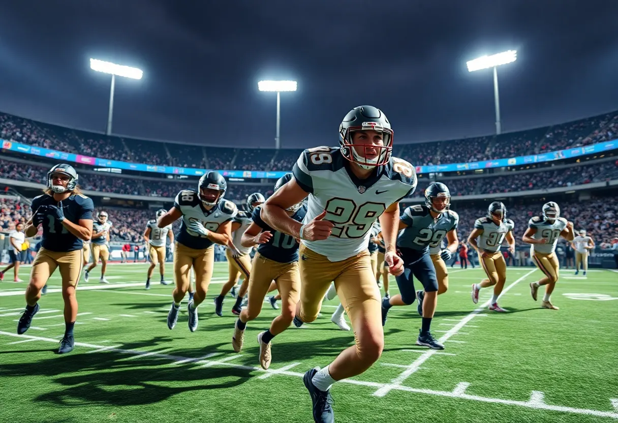 A vibrant college football recruiting scene with players and coaches engaging in strategy on the field.