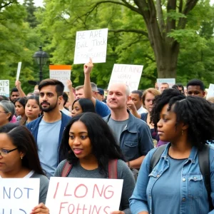 Community gathering with signs expressing various opinions for a Day of Remembrance.