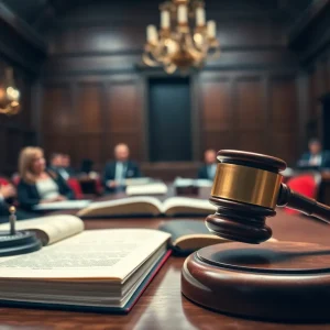 Dramatic courtroom scene with gavel and legal books