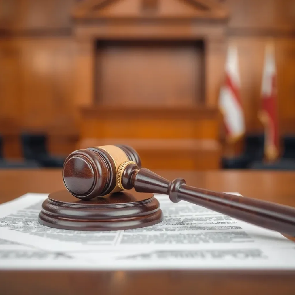 A gavel on legal documents in a courtroom setting.
