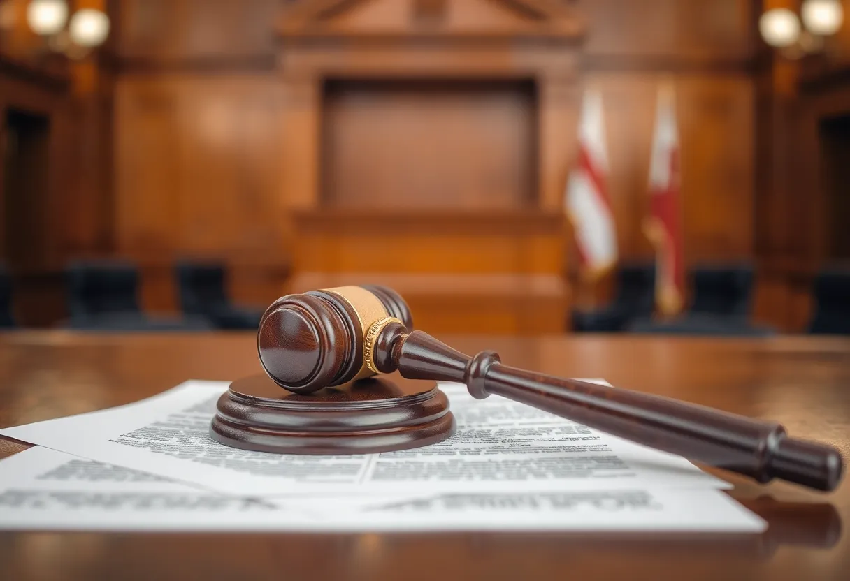 A gavel on legal documents in a courtroom setting.