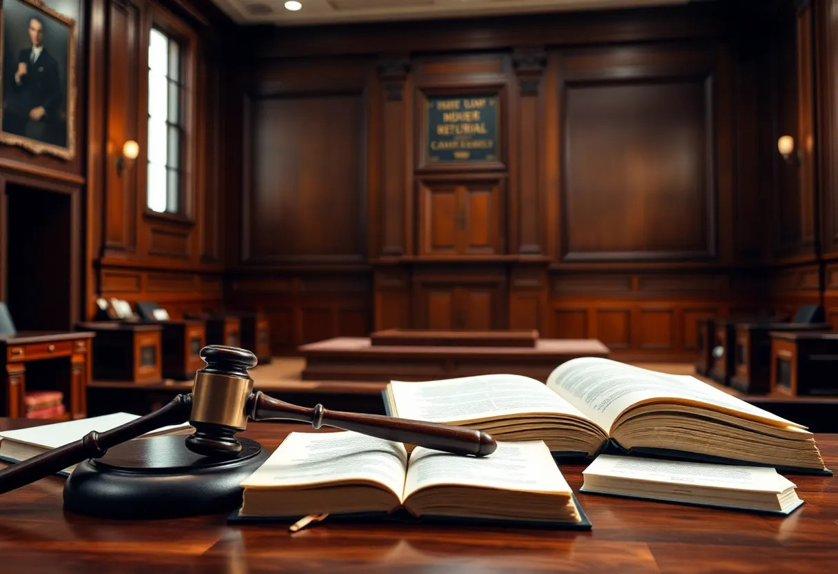 A courtroom with a gavel and empty witness stand representing a retrial.