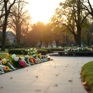 A peaceful scene of remembrance with flowers in a park