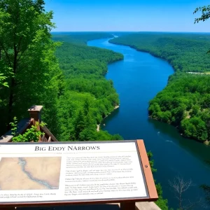 A picturesque view of the Delaware River showcasing the Big Eddy Narrows region.