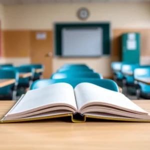 Empty classroom desk with open notebook
