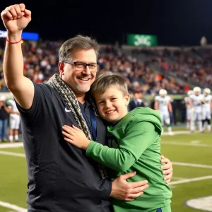 Heartwarming celebration of a father and son in a football victory