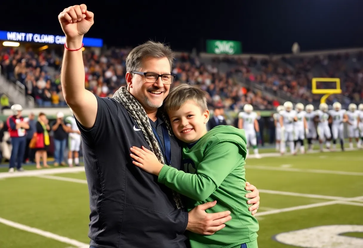 Heartwarming celebration of a father and son in a football victory