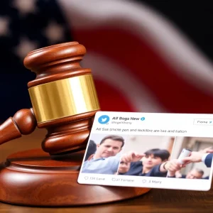 Gavel and social media feed representing legal conflict.