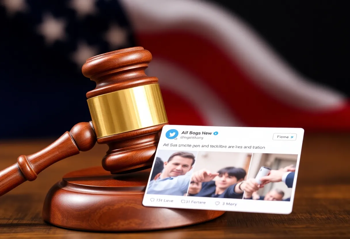 Gavel and social media feed representing legal conflict.