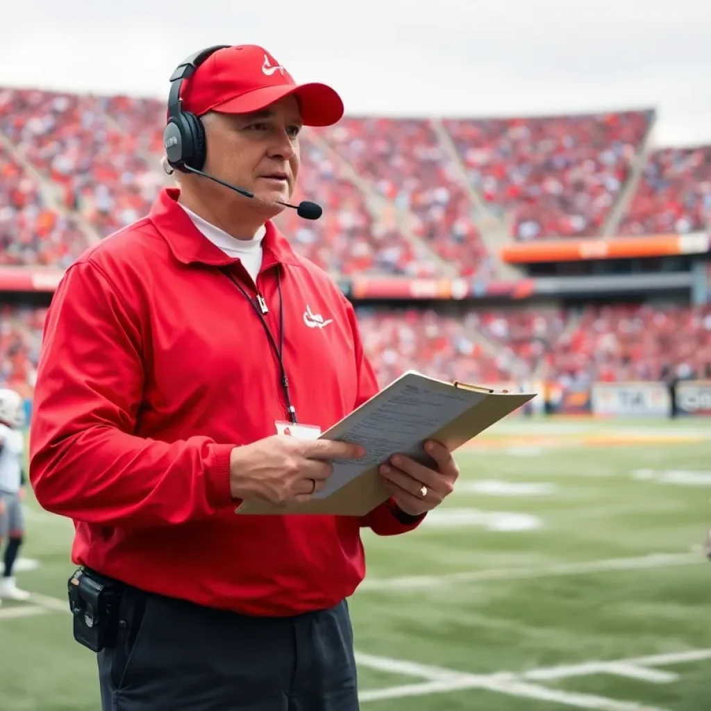 Football coach strategizing during a game with fans in the background