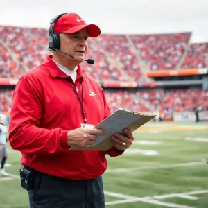Football coach strategizing during a game with fans in the background