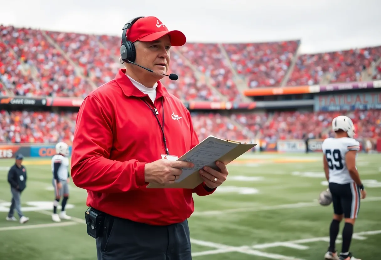 Football coach strategizing during a game with fans in the background