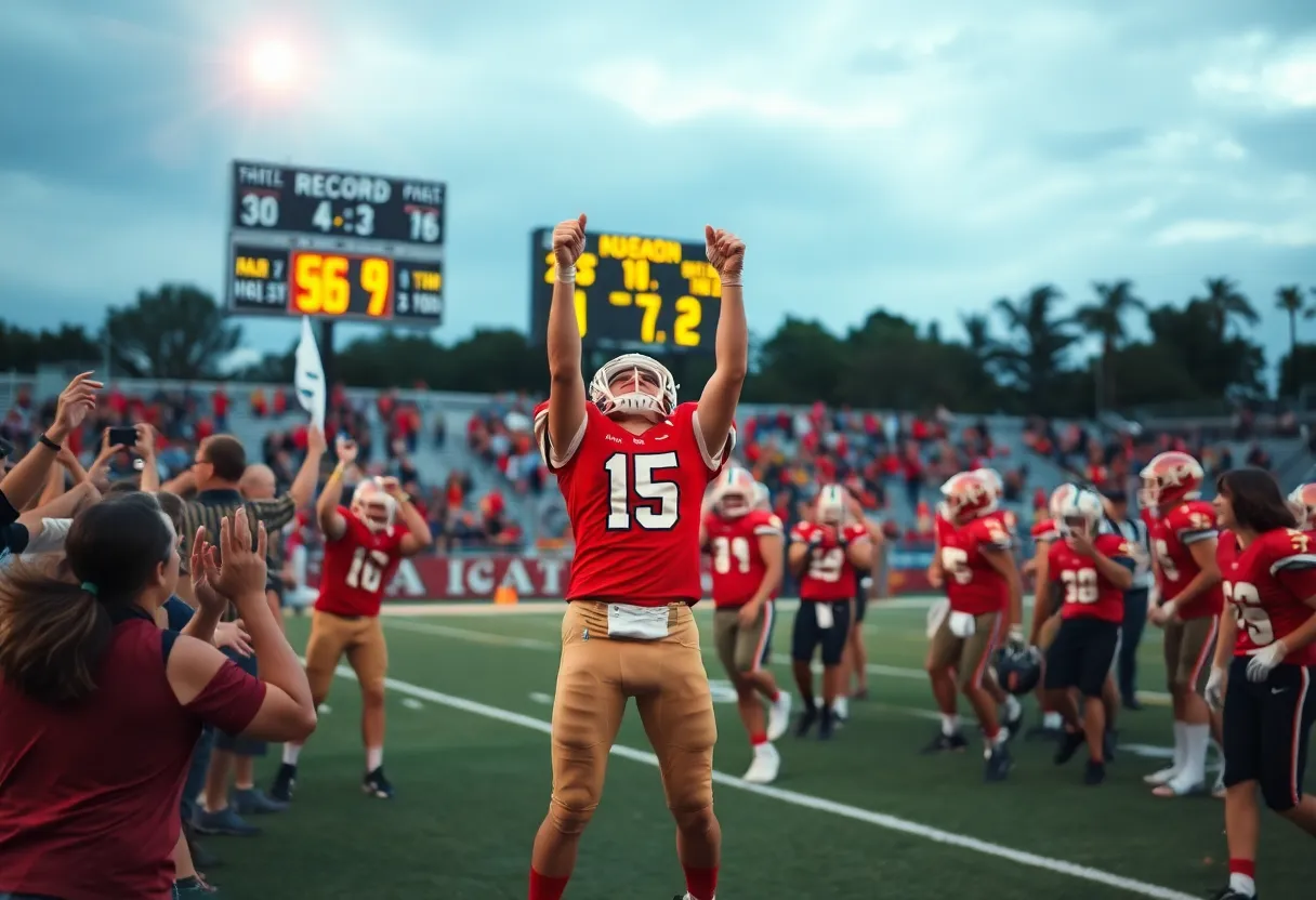 Kemper County football team celebrates after a touchdown during a game.