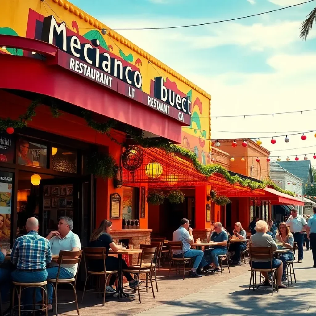 Exterior view of La Presa Taqueria with colorful decorations and patio seating
