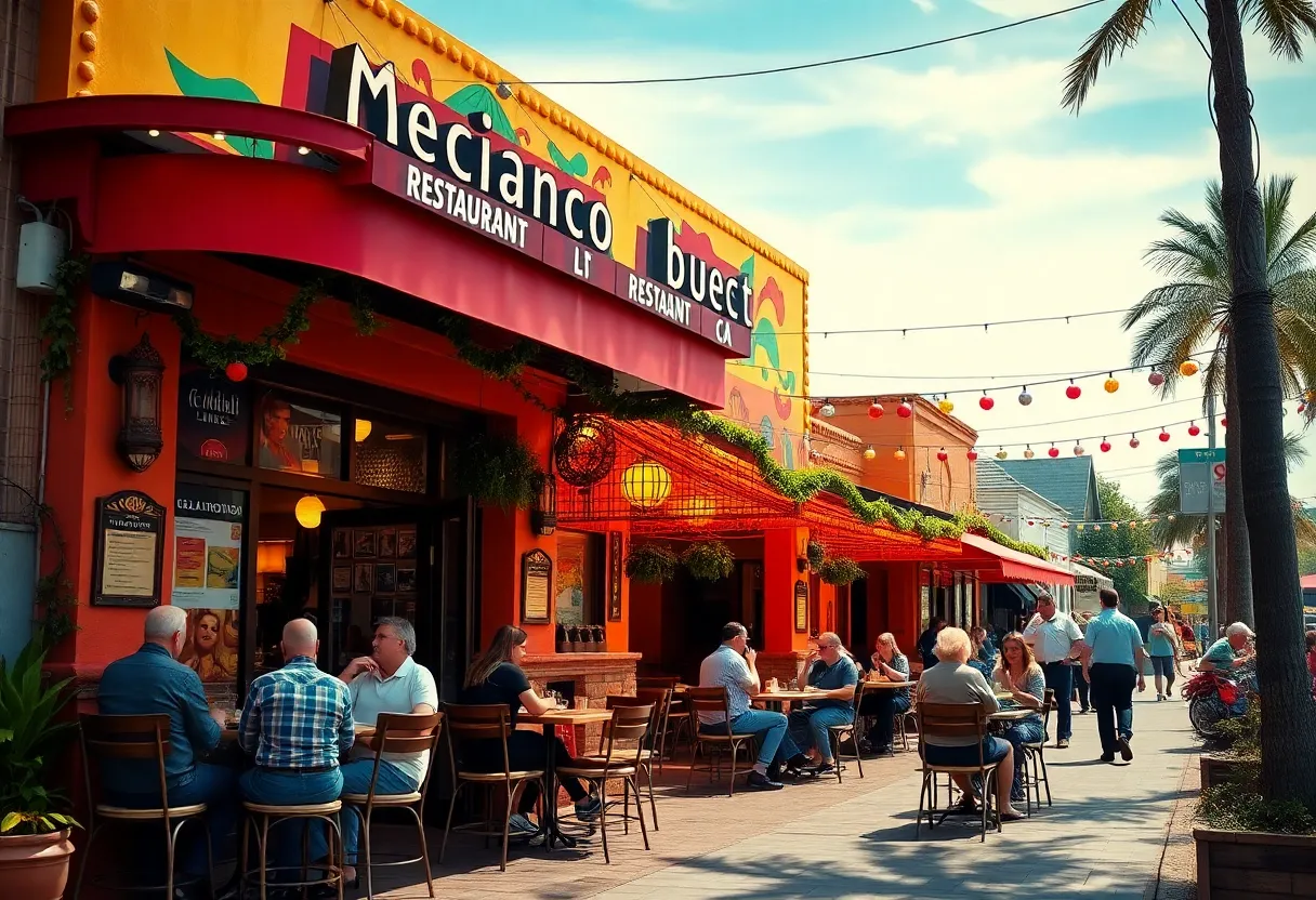 Exterior view of La Presa Taqueria with colorful decorations and patio seating