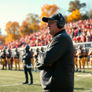 Ole Miss football coach strategizing on the field