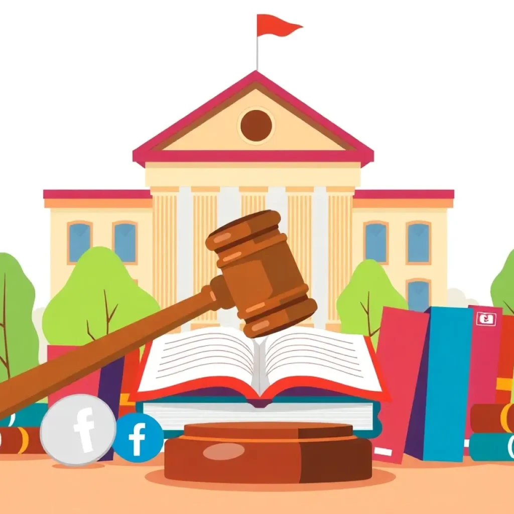 Illustration of a university campus with gavel and social media icons
