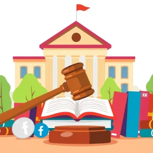 Illustration of a university campus with gavel and social media icons