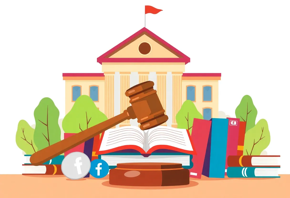 Illustration of a university campus with gavel and social media icons