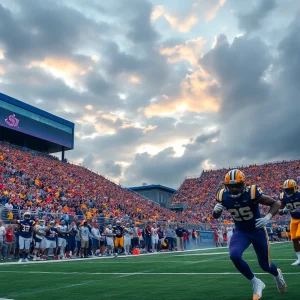LSU football players in action during a game.
