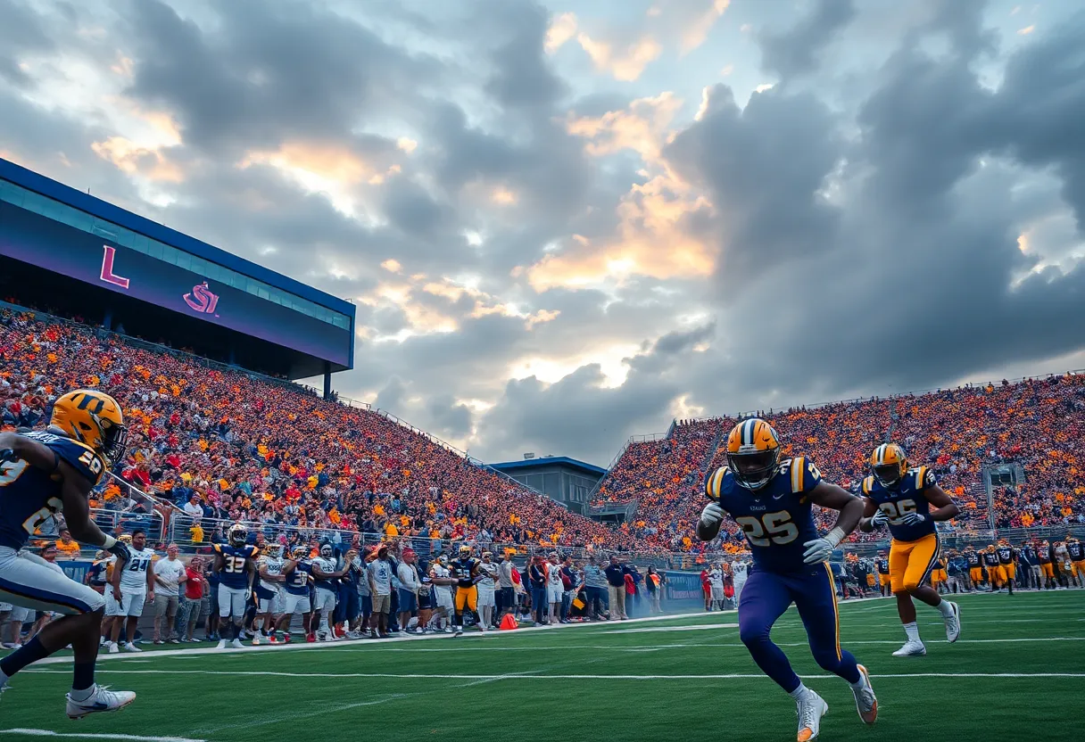 LSU football players in action during a game.