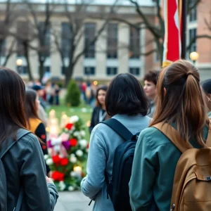 Students gathering at a memorial on campus for Charlie Kirk