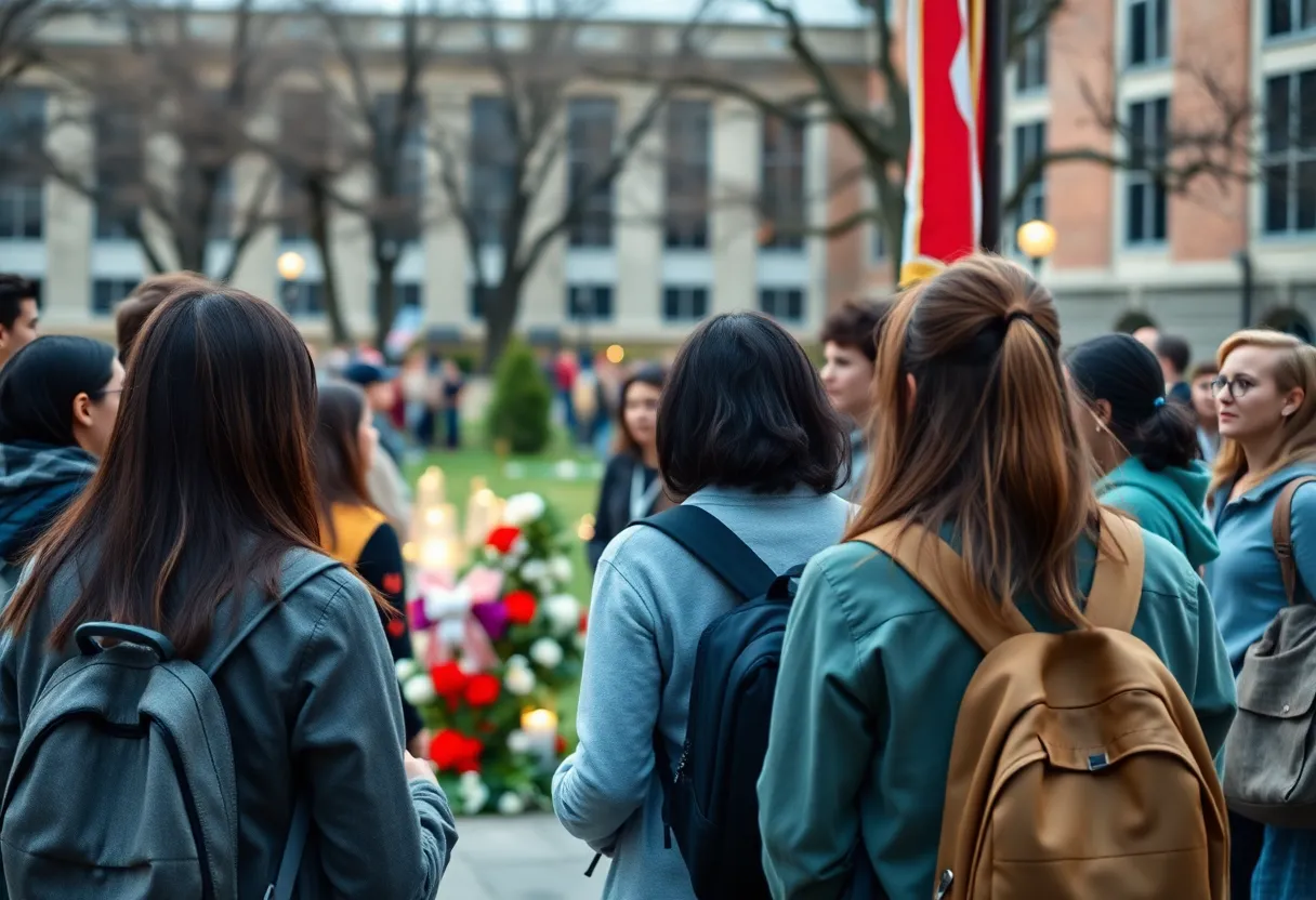 Students gathering at a memorial on campus for Charlie Kirk