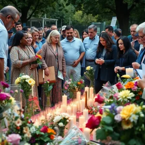 Vibrant memorial scene with candles and flowers celebrating the life of a political figure.