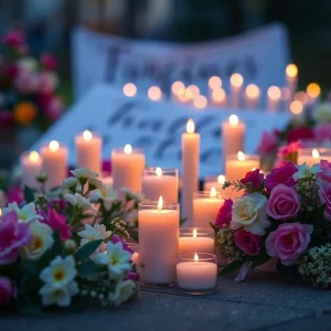 Candles and flowers at a memorial service symbolizing forgiveness and healing.