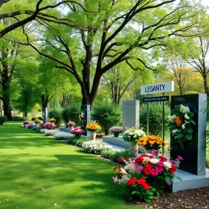 Memorial tribute setup with trees and flowers symbolizing remembrance.