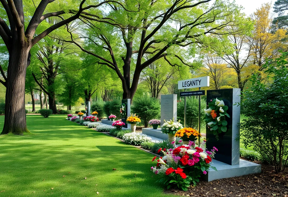 Memorial tribute setup with trees and flowers symbolizing remembrance.