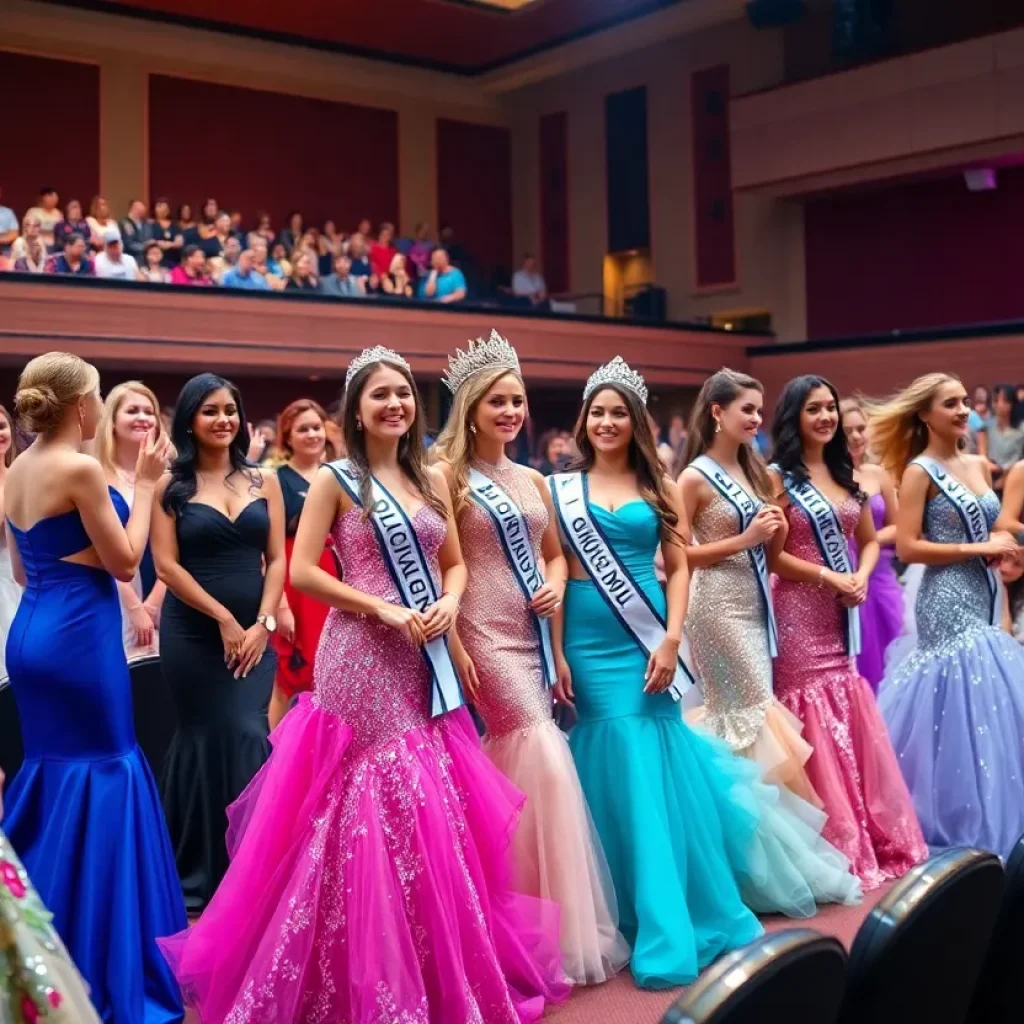 Pageant scene featuring contestants and audience in an auditorium.