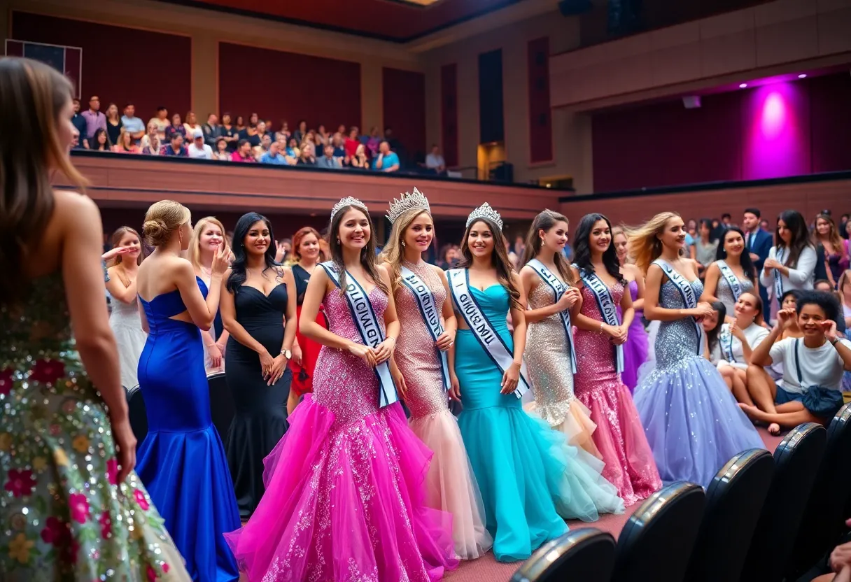 Pageant scene featuring contestants and audience in an auditorium.