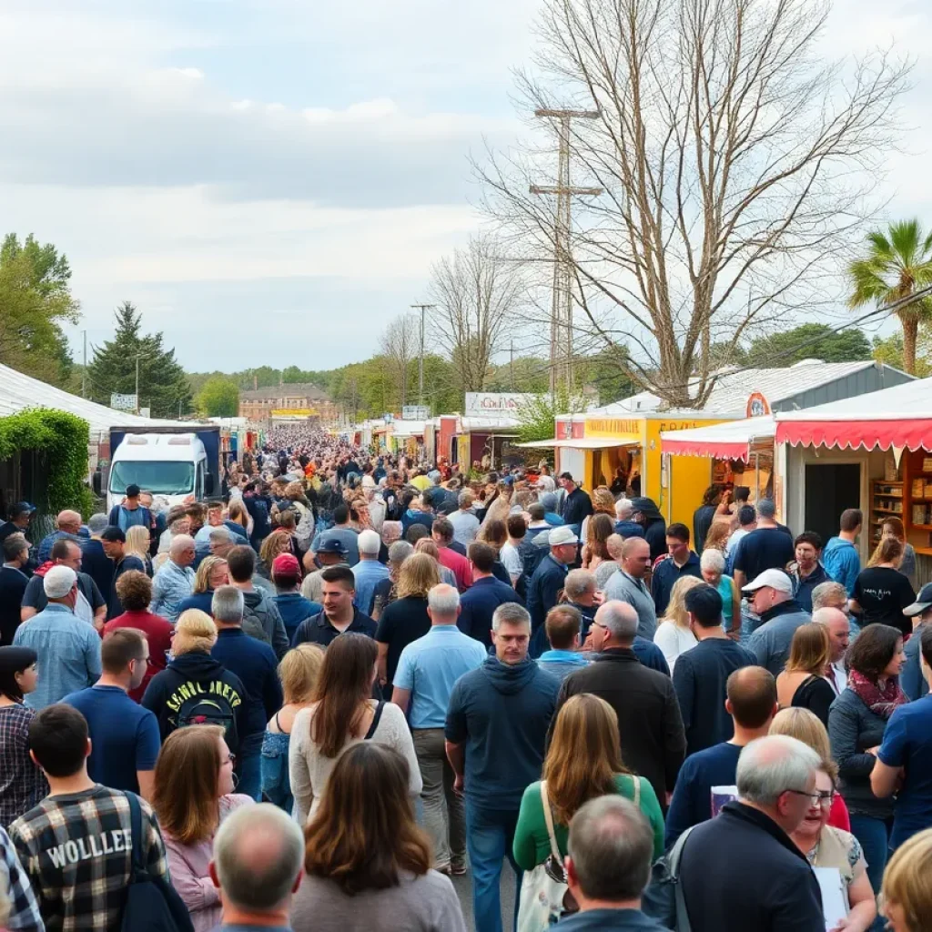 Crowd at Mississippi Book Festival with authors and food trucks