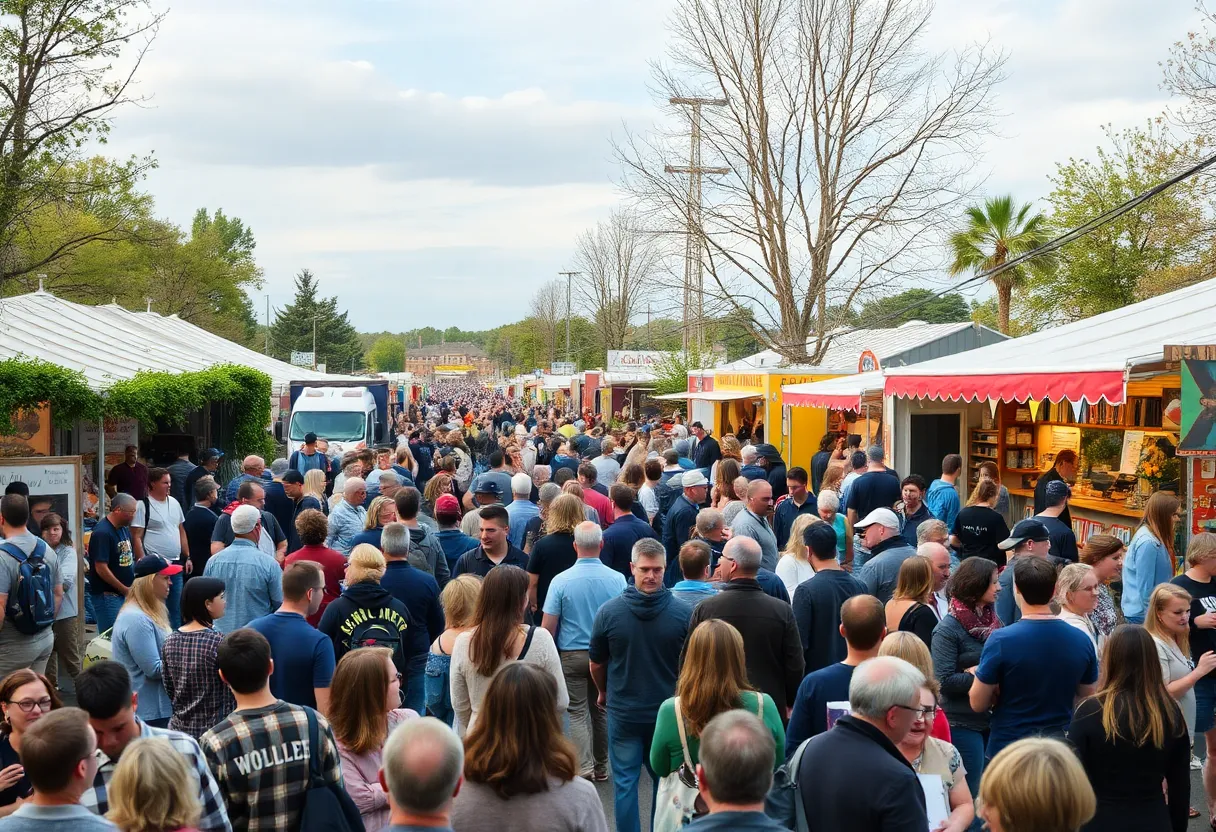 Crowd at Mississippi Book Festival with authors and food trucks