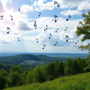 Conceptual image symbolizing music and tribute in a serene landscape