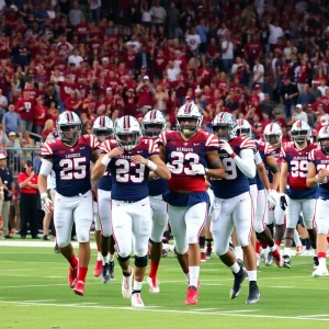Ole Miss football team celebrating victory on the field