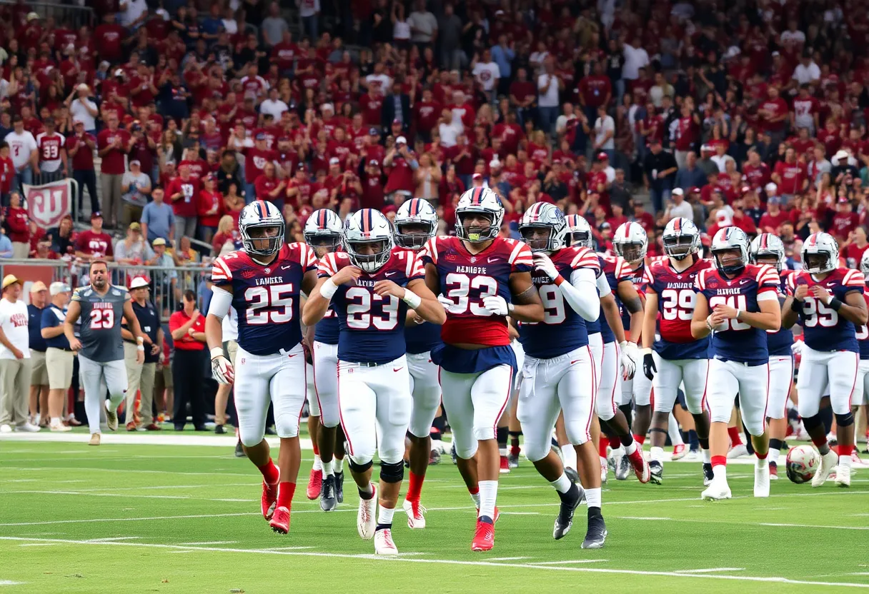 Ole Miss football team celebrating victory on the field