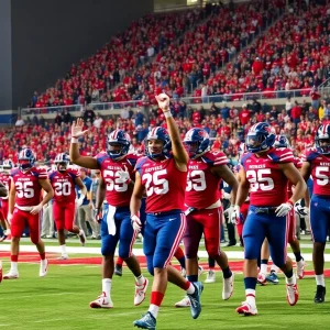 Ole Miss Rebels football team celebrating a victory.