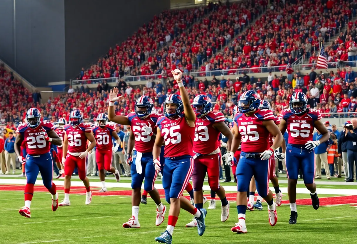 Ole Miss Rebels football team celebrating a victory.