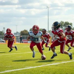 Youth football players in an offensive formation on a field