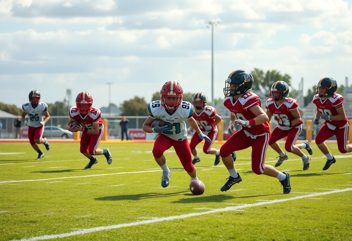 Youth football players in an offensive formation on a field